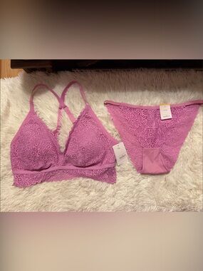 audrey Lace Triangle Bralette & Bikini Set - Lavender Pink